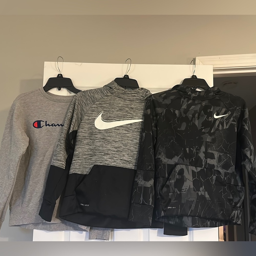 Lot of 3 size youth large sweatshirts: 2 hoodies & 1 crewneck. Nike and Champion